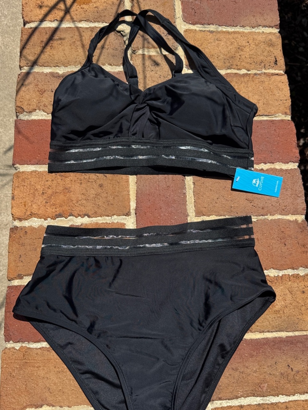 Cupshe Black High-Waist Bikini Set with Sheen Trim